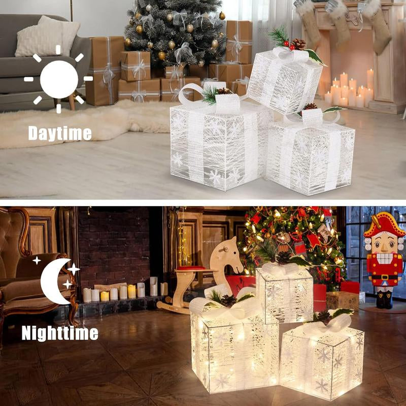 Christmas Lighted Boxes, Set of 3 Christmas Decorations for Home, Light up Christmas Ornaments, Warm White LED with Bows for Indoor Party Holiday, Christmas Decor(Snow)