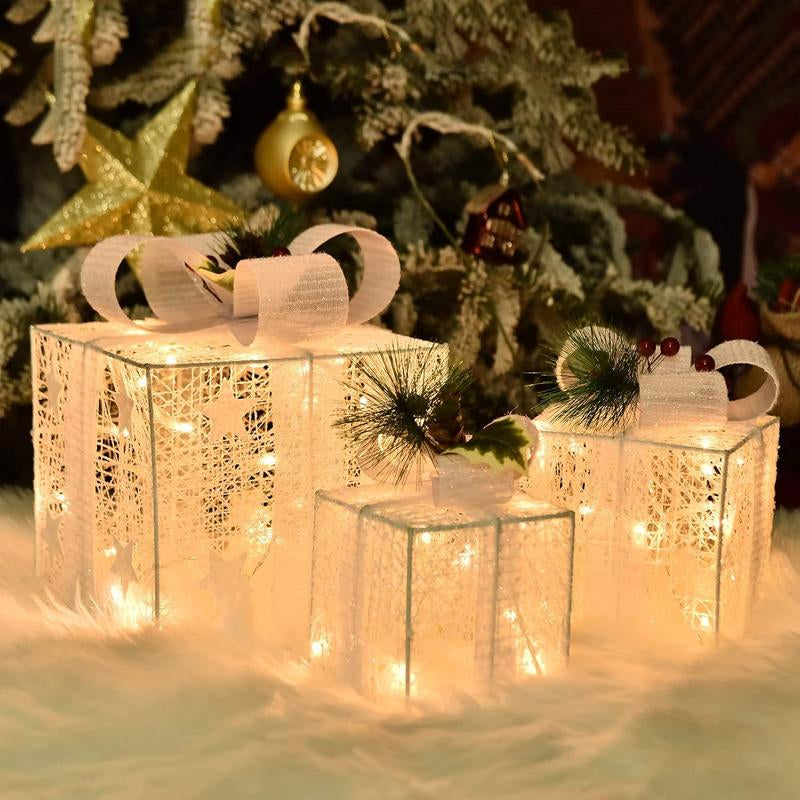 Christmas Lighted Boxes, Set of 3 Christmas Decorations for Home, Light up Christmas Ornaments, Warm White LED with Bows for Indoor Party Holiday, Christmas Decor(Snow)
