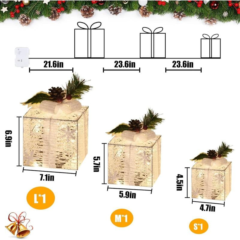Christmas Lighted Boxes, Set of 3 Christmas Decorations for Home, Light up Christmas Ornaments, Warm White LED with Bows for Indoor Party Holiday, Christmas Decor(Snow)