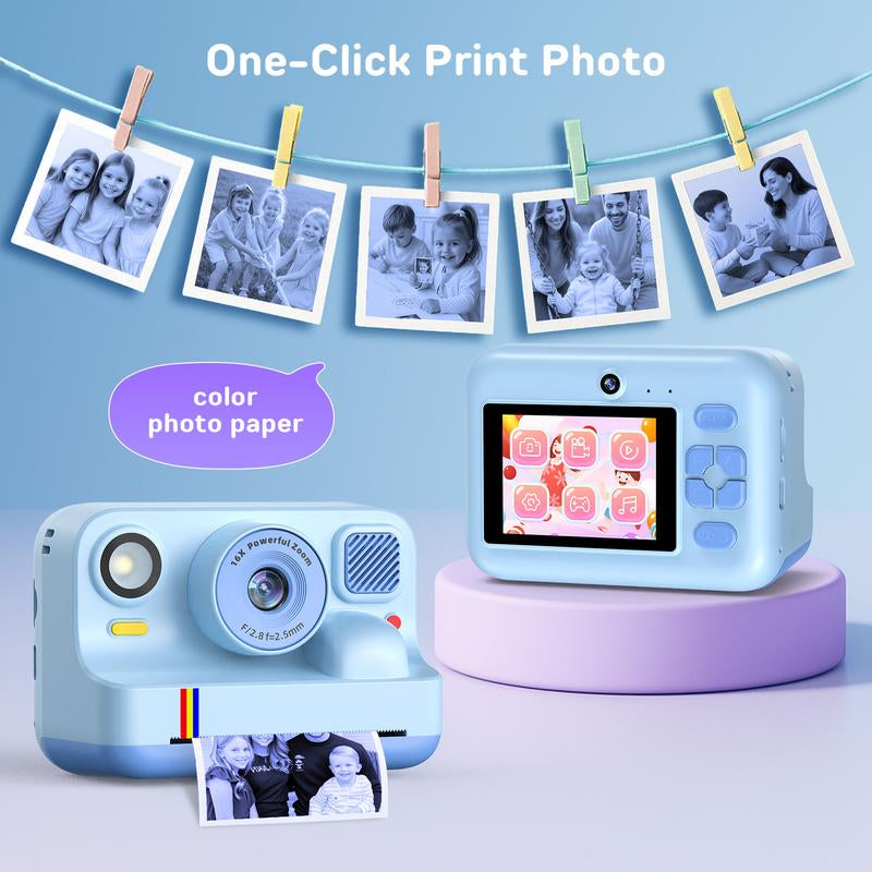 HOTU Kids Instant Print Camera – Dual Lens Selfie Photobooth, 1080P Video, 12MP Memory Photo, Rechargeable DIY Toy Camera with Games, Filters, MP3, 3 Rolls Paper + 32GB Photographic Kit for Girls Boys Age 3-12