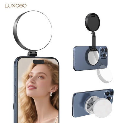 3-In-1 Magnetic Beauty Selfie Light for Phones – 360° LED Ring Light with Magsafe, Mirror and Phone Stand – Portable Rechargeable Fill Light for Makeup, Live Streaming, Video Calls, Compatible with Iphone 17