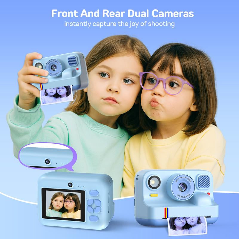 HOTU Kids Instant Print Camera – Dual Lens Selfie Photobooth, 1080P Video, 12MP Memory Photo, Rechargeable DIY Toy Camera with Games, Filters, MP3, 3 Rolls Paper + 32GB Photographic Kit for Girls Boys Age 3-12