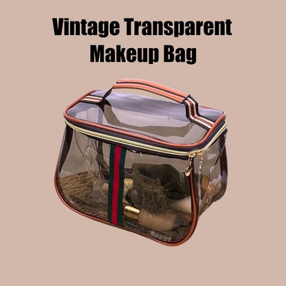 New Retro Vintage Vanity Bag, Vintage Makeup Bag, Ladies Large Capacity Makeup Organizer, Waterproof Transparent with Zipper Toiletry Bag, Women Ladies Travel Storage Case (Transparent Brown)