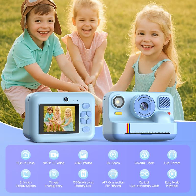 HOTU Kids Instant Print Camera – Dual Lens Selfie Photobooth, 1080P Video, 12MP Memory Photo, Rechargeable DIY Toy Camera with Games, Filters, MP3, 3 Rolls Paper + 32GB Photographic Kit for Girls Boys Age 3-12