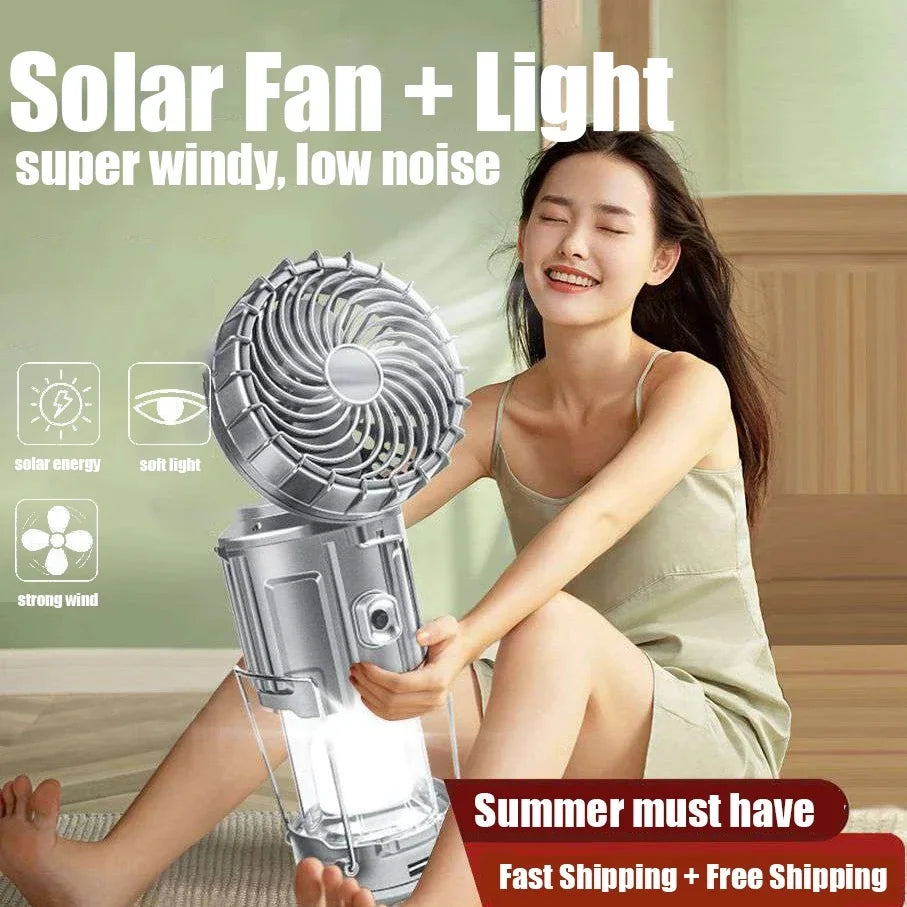 Outdoor Solar Camping Light Portable with Fan Solar Charge Hanging Tent Lamp Rechargeable Camping Flashlight Powerful Hand Lamp