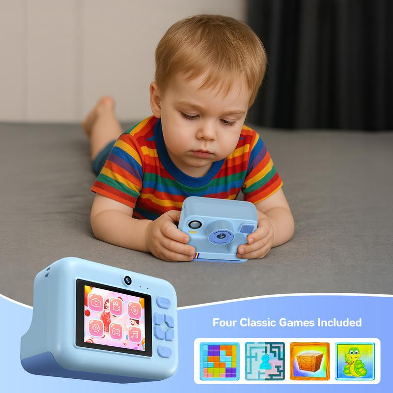 HOTU Kids Instant Print Camera – Dual Lens Selfie Photobooth, 1080P Video, 12MP Memory Photo, Rechargeable DIY Toy Camera with Games, Filters, MP3, 3 Rolls Paper + 32GB Photographic Kit for Girls Boys Age 3-12