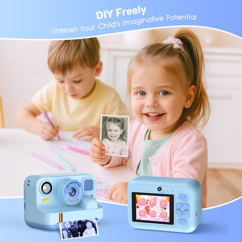 HOTU Kids Instant Print Camera – Dual Lens Selfie Photobooth, 1080P Video, 12MP Memory Photo, Rechargeable DIY Toy Camera with Games, Filters, MP3, 3 Rolls Paper + 32GB Photographic Kit for Girls Boys Age 3-12