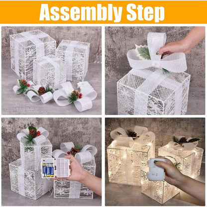Christmas Lighted Boxes, Set of 3 Christmas Decorations for Home, Light up Christmas Ornaments, Warm White LED with Bows for Indoor Party Holiday, Christmas Decor(Snow)