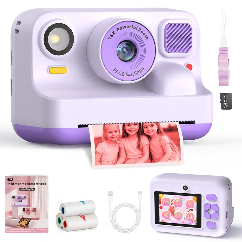 HOTU Kids Instant Print Camera – Dual Lens Selfie Photobooth, 1080P Video, 12MP Memory Photo, Rechargeable DIY Toy Camera with Games, Filters, MP3, 3 Rolls Paper + 32GB Photographic Kit for Girls Boys Age 3-12