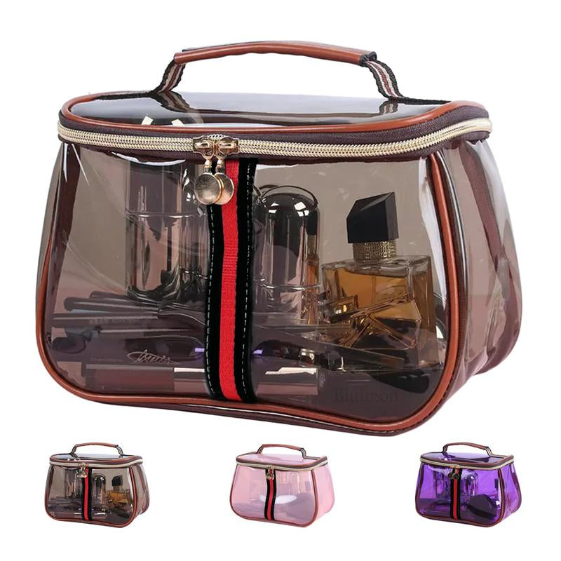 New Retro Vintage Vanity Bag, Vintage Makeup Bag, Ladies Large Capacity Makeup Organizer, Waterproof Transparent with Zipper Toiletry Bag, Women Ladies Travel Storage Case (Transparent Brown)