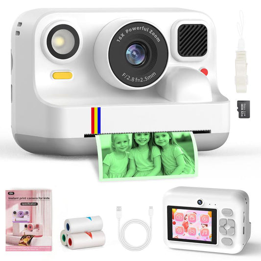 HOTU Kids Instant Print Camera – Dual Lens Selfie Photobooth, 1080P Video, 12MP Memory Photo, Rechargeable DIY Toy Camera with Games, Filters, MP3, 3 Rolls Paper + 32GB Photographic Kit for Girls Boys Age 3-12