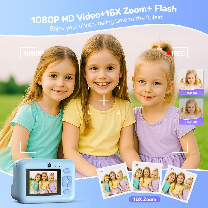 HOTU Kids Instant Print Camera – Dual Lens Selfie Photobooth, 1080P Video, 12MP Memory Photo, Rechargeable DIY Toy Camera with Games, Filters, MP3, 3 Rolls Paper + 32GB Photographic Kit for Girls Boys Age 3-12
