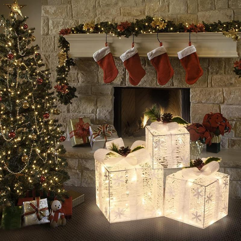 Christmas Lighted Boxes, Set of 3 Christmas Decorations for Home, Light up Christmas Ornaments, Warm White LED with Bows for Indoor Party Holiday, Christmas Decor(Snow)