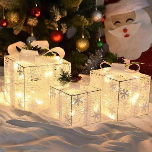 Christmas Lighted Boxes, Set of 3 Christmas Decorations for Home, Light up Christmas Ornaments, Warm White LED with Bows for Indoor Party Holiday, Christmas Decor(Snow)