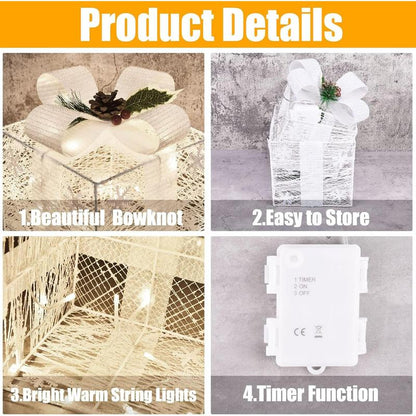 Christmas Lighted Boxes, Set of 3 Christmas Decorations for Home, Light up Christmas Ornaments, Warm White LED with Bows for Indoor Party Holiday, Christmas Decor(Snow)