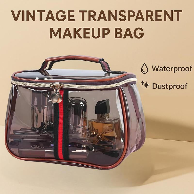 New Retro Vintage Vanity Bag, Vintage Makeup Bag, Ladies Large Capacity Makeup Organizer, Waterproof Transparent with Zipper Toiletry Bag, Women Ladies Travel Storage Case (Transparent Brown)