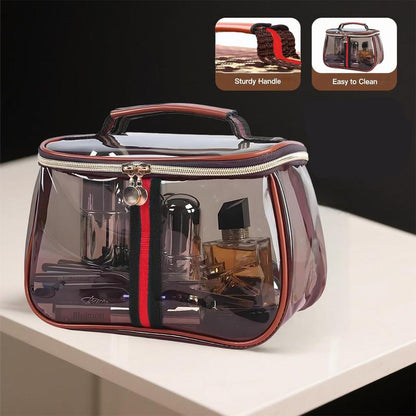 New Retro Vintage Vanity Bag, Vintage Makeup Bag, Ladies Large Capacity Makeup Organizer, Waterproof Transparent with Zipper Toiletry Bag, Women Ladies Travel Storage Case (Transparent Brown)
