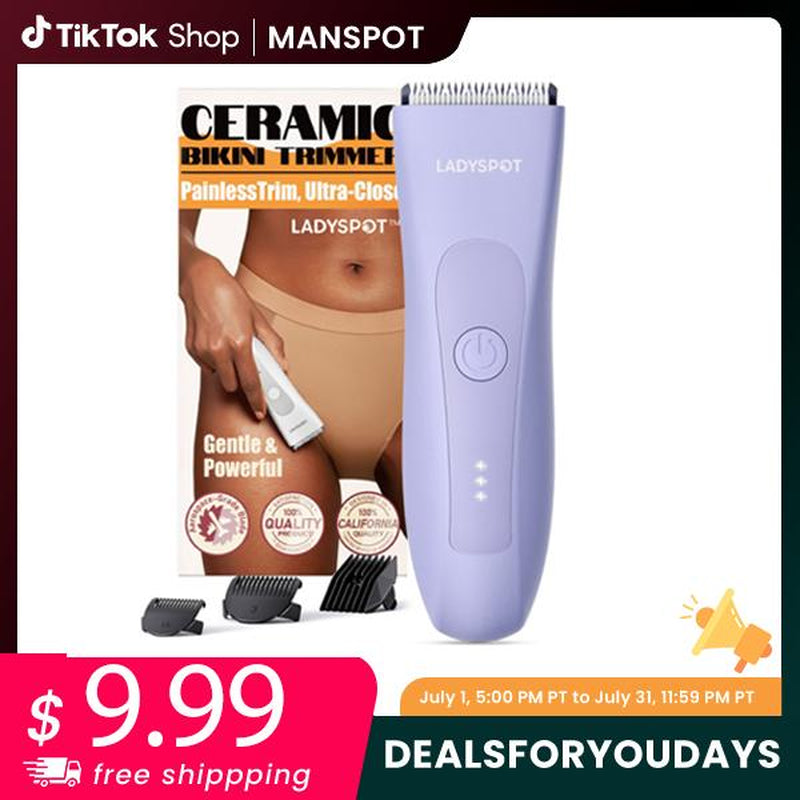LADYSPOT Electric Bikini Trimmer for Women - Waterproof, Rechargeable, Hypoallergenic Ceramic Blades, Precise & Safe, Portable for Arms & Legs, 90-Minute Battery Life