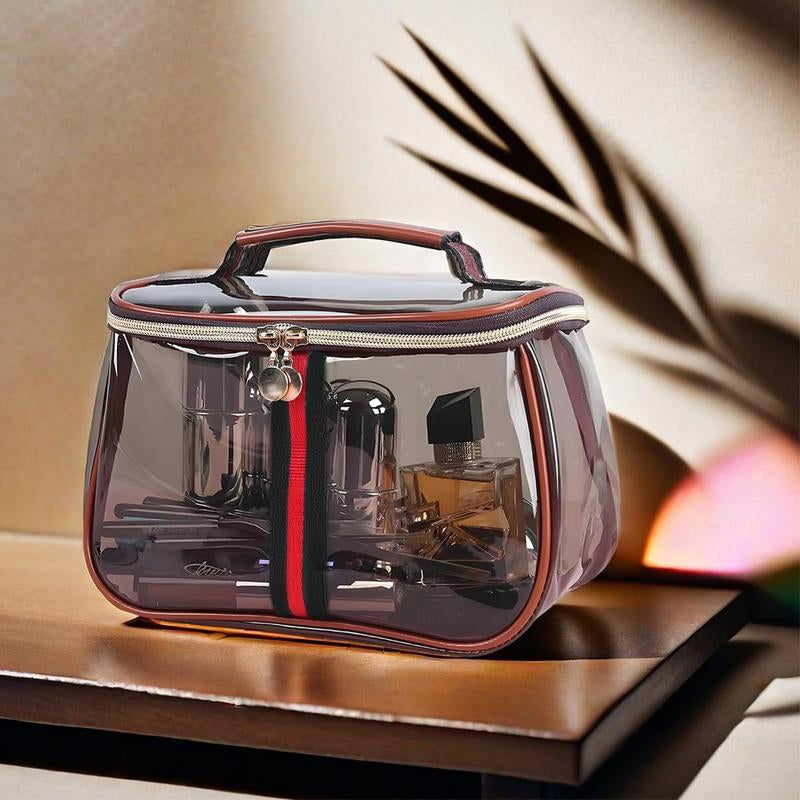 New Retro Vintage Vanity Bag, Vintage Makeup Bag, Ladies Large Capacity Makeup Organizer, Waterproof Transparent with Zipper Toiletry Bag, Women Ladies Travel Storage Case (Transparent Brown)