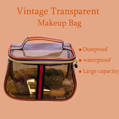 New Retro Vintage Vanity Bag, Vintage Makeup Bag, Ladies Large Capacity Makeup Organizer, Waterproof Transparent with Zipper Toiletry Bag, Women Ladies Travel Storage Case (Transparent Brown)