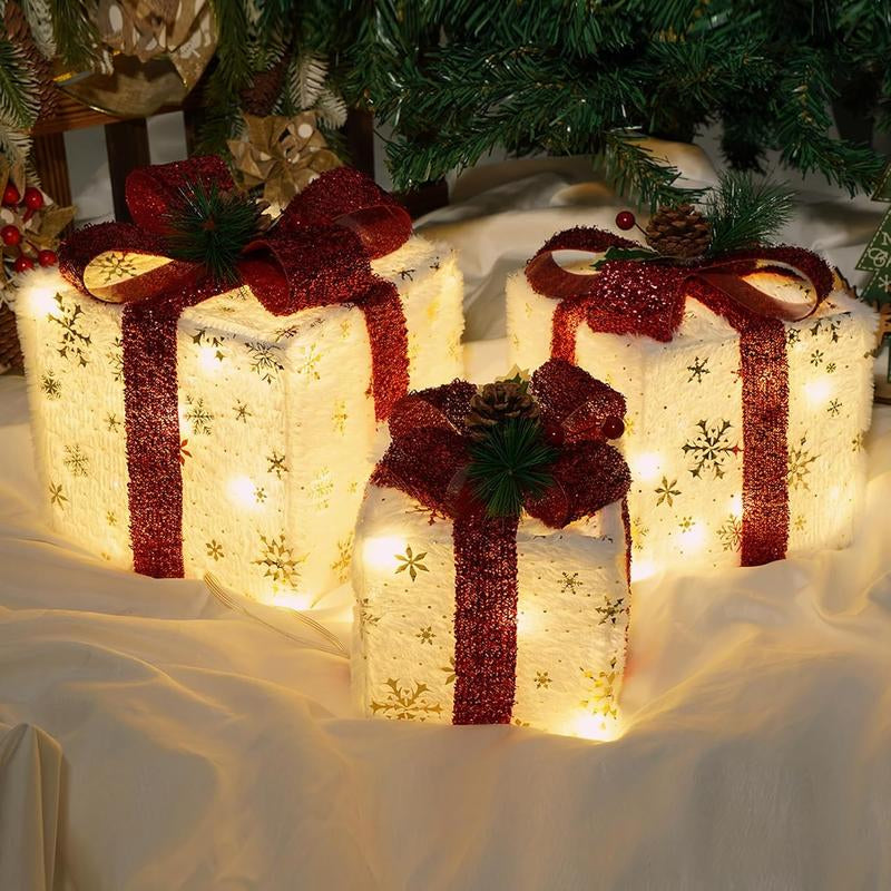 Christmas Lighted Boxes, Set of 3 Christmas Decorations for Home, Light up Christmas Ornaments, Warm White LED with Bows for Indoor Party Holiday, Christmas Decor(Snow)